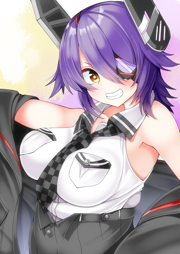 1girl blush breasts checkered checkered_neckwear closed_mouth eyebrows_visible_through_hair hair_between_eyes headgear hidaka0503 kantai_collection large_breasts looking_at_viewer multicolored multicolored_background necktie open_clothes purple_hair short_hair smile solo tenryuu_(kantai_collection) yellow_eyes