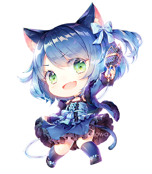 1boy :d animal_ears artist_name bangs blue_dress blue_hair bow cat_ears cat_tail chibi commission dress frilled_dress frills fur_trim green_eyes hair_bow hair_ornament holding holding_microphone jumping long_sleeves looking_at_viewer microphone open_mouth ryoune_yami short_hair smile socks tail tonowa trap utau