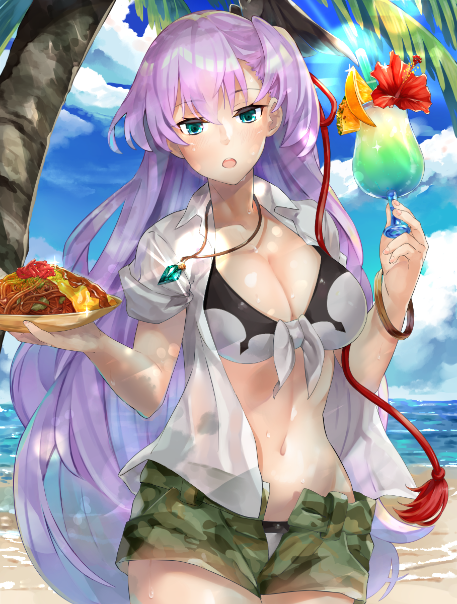 1girl :o alternate_costume bangle beach bikini blue_eyes blue_sky bracelet breasts camouflage camouflage_shorts clouds day drink flower food fruit glint highres holding holding_plate hyuna_(sennen_sensou_aigis) jewelry lavender_hair long_hair looking_at_viewer medium_breasts navel necklace ocean orange orange_slice outdoors palm_tree panda_inu pineapple_slice plate red_ribbon ribbon sennen_sensou_aigis shirt shorts sky solo standing swimsuit tree unbuttoned very_long_hair water white_shirt