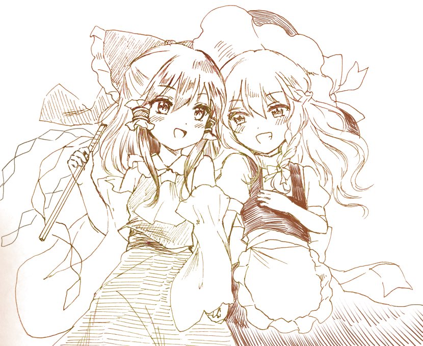 2girls :d apron ascot blush bow breasts commentary detached_sleeves gohei greyscale grin hair_bow hair_tubes hakurei_reimu hand_holding hand_on_own_chest hat kirisame_marisa large_bow long_hair looking_at_another monochrome multiple_girls open_mouth puffy_short_sleeves puffy_sleeves short_sleeves skirt skirt_set small_breasts smile touhou waist_apron wavy_hair witch_hat yuri yururi_nano