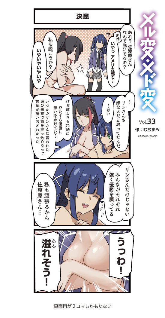 2girls 4koma blue_hair breast_hold breasts breasts_outside closed_eyes comic commentary_request covering covering_breasts green_eyes hair_ornament hime_cut kagimura_hazuki laughing marchen_madchen muchi_maro multiple_girls naked_coat necktie nude official_art open_mouth ponytail sadohara_mai translation_request twintails uniform yellow_eyes