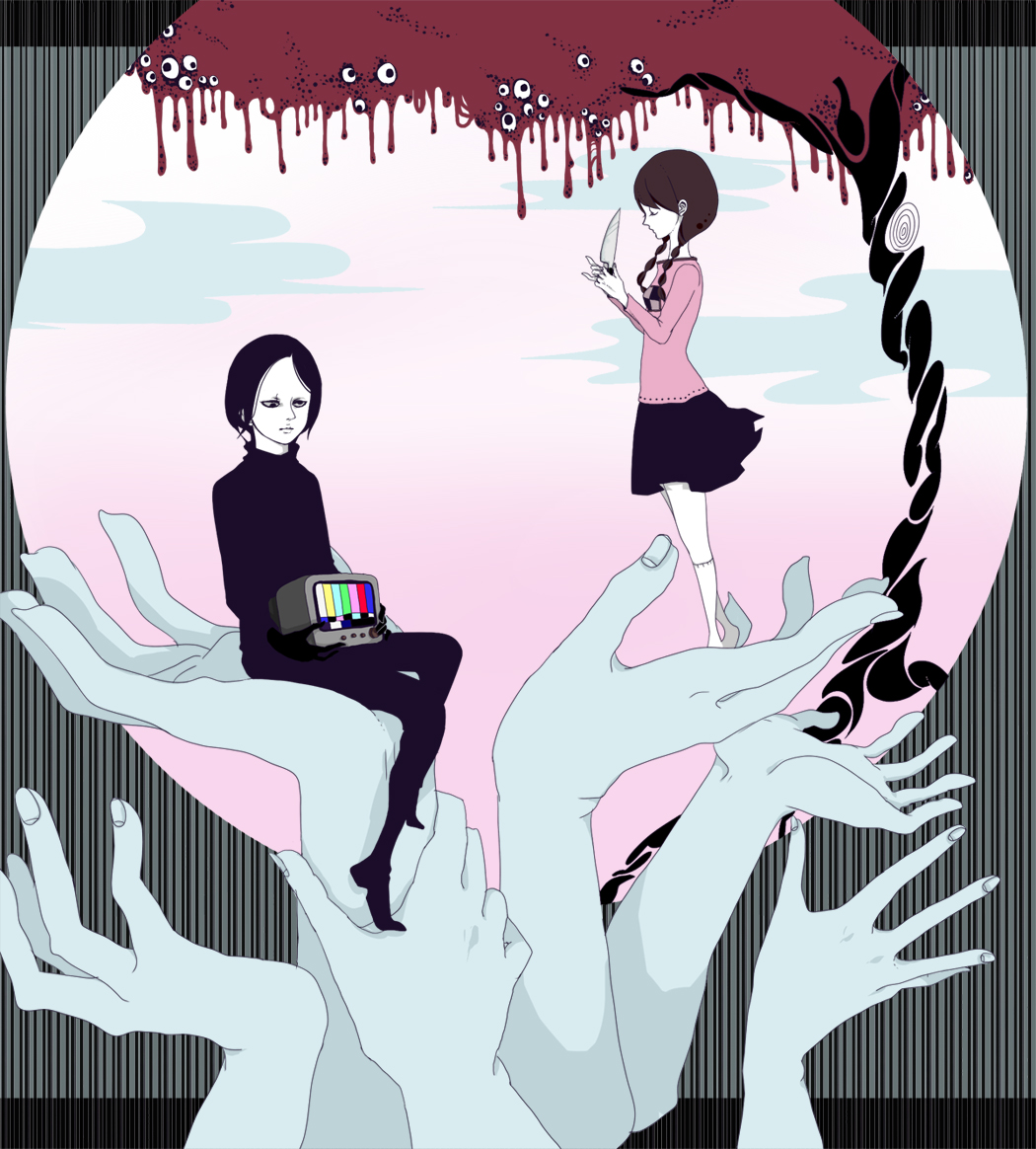 1boy 1girl abstract braid brown_hair commentary_request dress hands long_hair madotsuki pinkxxxna sekomumasada_sensei shirt short_hair twin_braids white_skin yume_nikki