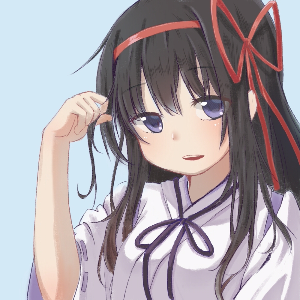 1girl akemi_homura black_hair blue_background commentary_request eyebrows_visible_through_hair hair_flip hair_ribbon long_hair looking_at_viewer mahou_shoujo_madoka_magica nontraditional_miko open_mouth red_ribbon ribbon simple_background smile violet_eyes what_(artist)