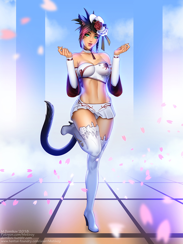 1girl animal_ears bandeau black_hair boots breasts cat_ears cat_tail choker collarbone commission detached_sleeves facial_mark final_fantasy final_fantasy_xiv gradient_hair green_eyes hat high_heel_boots high_heels large_breasts lips looking_at_viewer maxim_domikov midriff miqo'te multicolored_hair parted_lips patreon_username petals pleated_skirt signature skirt smile solo standing standing_on_one_leg strapless tail thigh-highs thigh_boots two-tone_hair watermark web_address