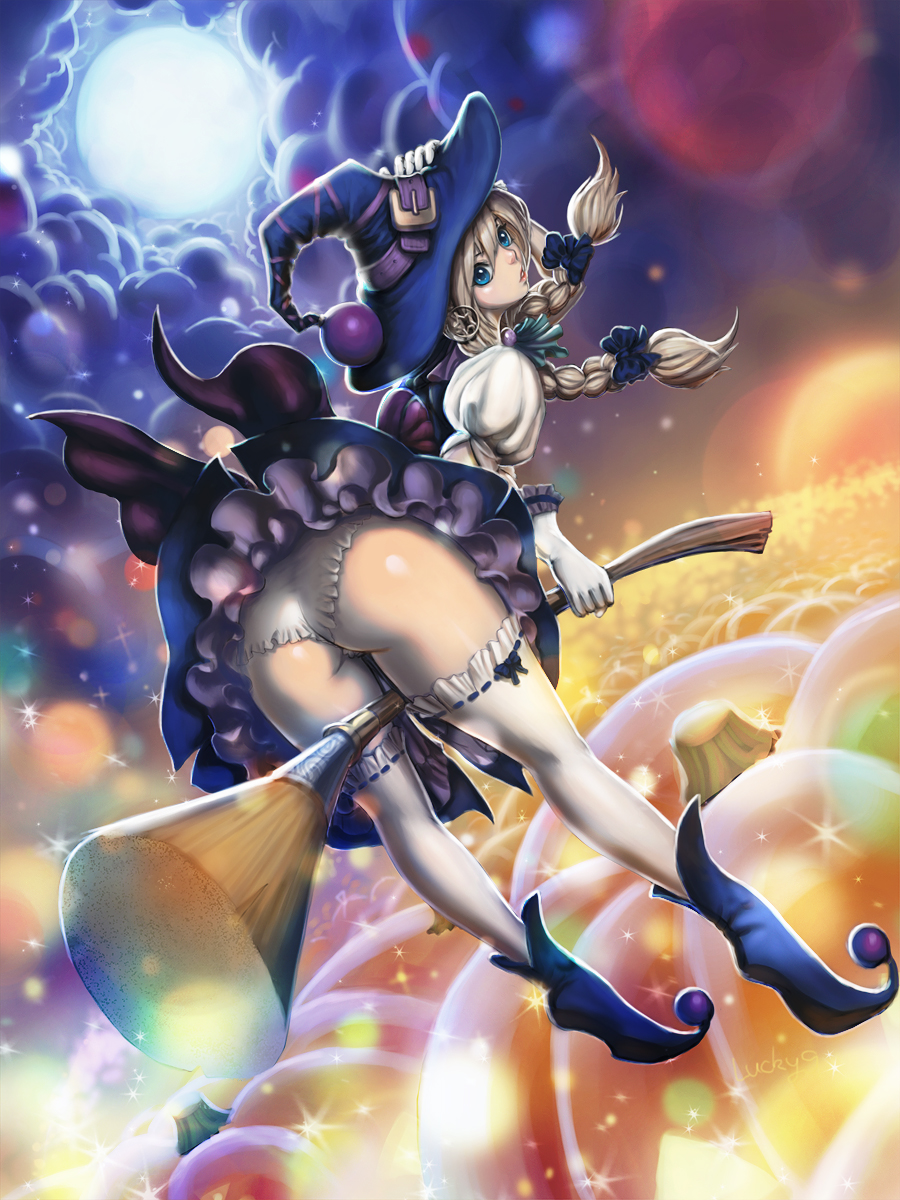 1girl ass black_bow blue_eyes blue_footwear blue_hat blue_skirt bow braid broom broom_riding clouds frills gloves hair_ornament halloween hand_on_headwear hat hat_belt highres lucky9 magical_girl maid moon original panties short_sleeves skirt star star_hair_ornament thigh-highs twin_braids twintails underwear white_gloves white_legwear white_panties witch_hat