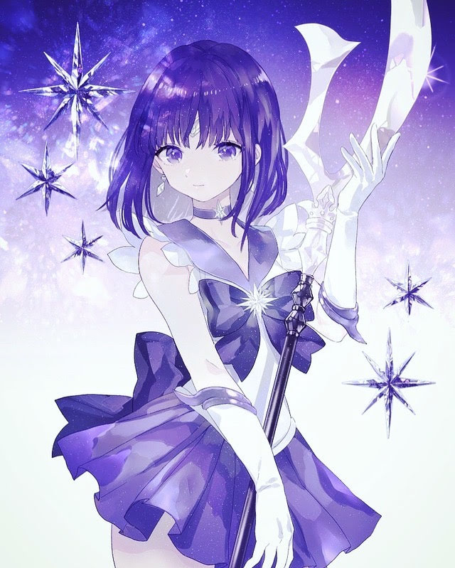 1girl back_bow bishoujo_senshi_sailor_moon black_bow black_hair bow brooch choker circlet closed_mouth cowboy_shot elbow_gloves gloves gradient gradient_background holding holding_spear holding_weapon jewelry light_smile looking_at_viewer magical_girl monochrome natsuiro_xx pleated_skirt polearm purple purple_background purple_sailor_collar purple_skirt sailor_collar sailor_saturn sailor_senshi_uniform short_hair silence_glaive skirt solo spear star star_choker tomoe_hotaru violet_eyes weapon white_background white_gloves