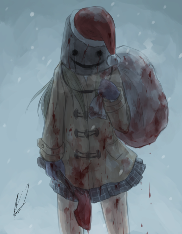 1girl aosora_(mizore) axe blonde_hair blood bloody_clothes bloody_weapon bucket coat hat holding holding_axe holding_weapon long_hair long_sleeves original sack santa_hat skirt snow snowing solo weapon yellow_coat