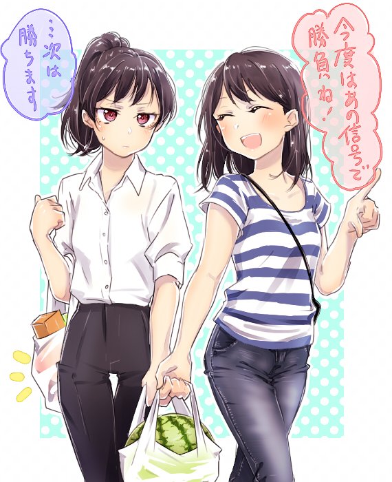 2girls :d ^_^ bag bangs black_hair black_pants blush closed_eyes collared_shirt commentary_request copyright_request denim food fruit hand_up holding holding_bag jeans jitome long_hair muchise multiple_girls open_mouth pants pointing polka_dot polka_dot_background ponytail shirt shopping_bag shoulder_bag smile striped striped_shirt sweatdrop thigh_gap translated violet_eyes watermelon white_shirt