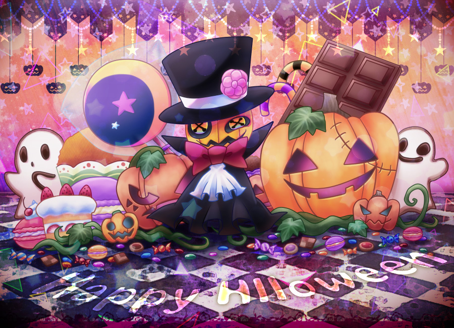 bow button_eyes cake candy candy_cane chocolate chocolate_bar commentary_request cookie food fruit ghost half-closed_eye halloween happy_halloween hat hat_ornament jack-o'-lantern kirby's_epic_yarn kirby_(series) kurosiro leaf magician no_humans plant pumpkin red_bow red_neckwear squashini strawberry tile_floor tiles top_hat typo vines watermark