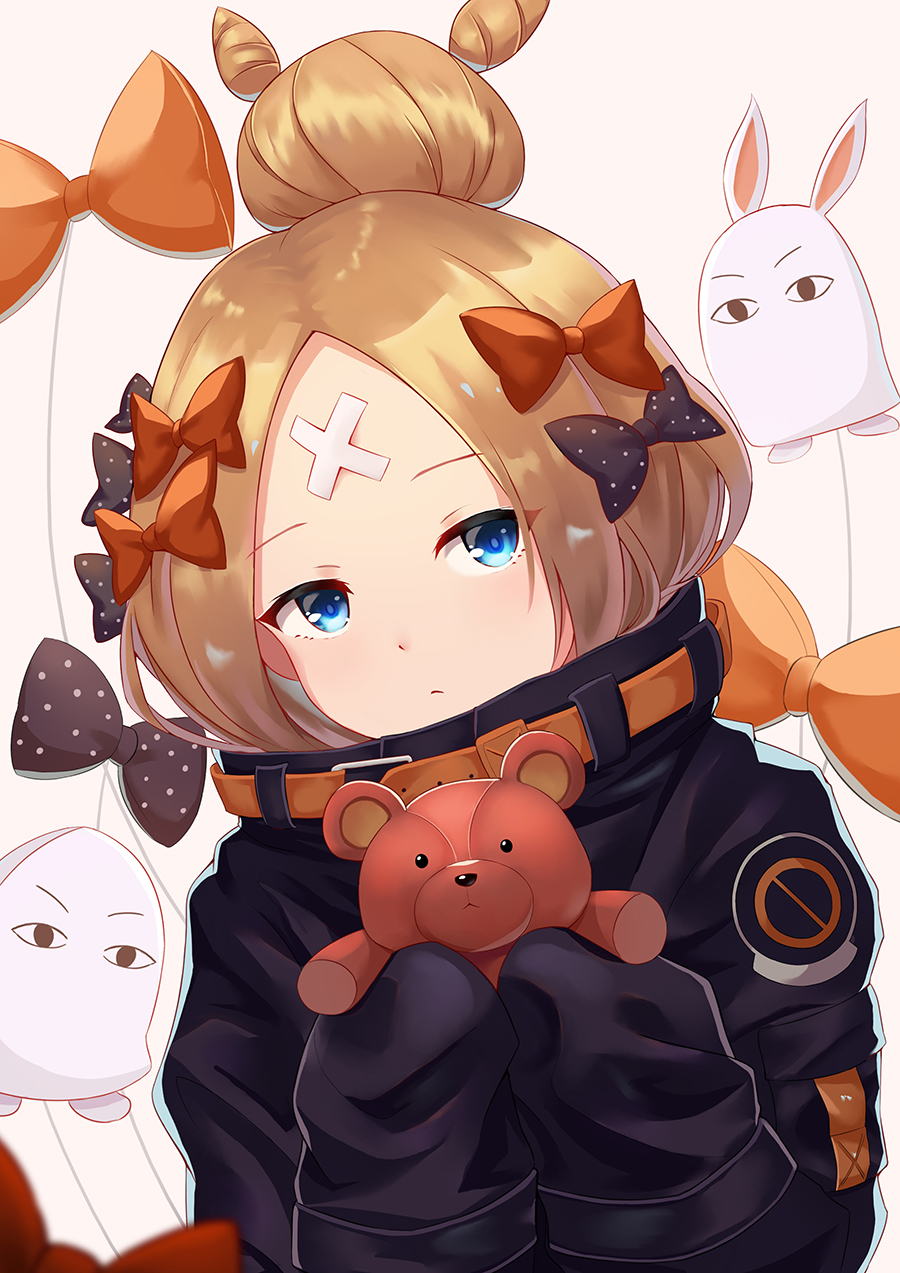 1girl abigail_williams_(fate/grand_order) balloon bangs beige_background black_bow black_jacket blonde_hair blue_eyes bow closed_mouth commentary_request crossed_bandaids eyebrows_visible_through_hair fate/grand_order fate_(series) hair_bow hair_bun highres holding holding_stuffed_animal jacket long_hair long_sleeves looking_at_viewer medjed orange_bow parted_bangs polka_dot polka_dot_bow shirokun0824 simple_background sleeves_past_fingers sleeves_past_wrists solo stuffed_animal stuffed_toy teddy_bear