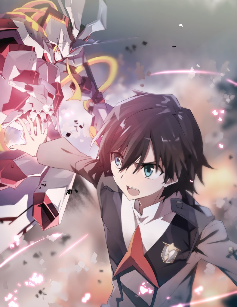 1boy bangs black_hair blue_eyes clouds cloudy cloudy_sky commentary_request darling_in_the_franxx fire firing hiro_(darling_in_the_franxx) long_sleeves male_focus mecha military military_uniform necktie red_neckwear short_hair sky smoke solo sparks strelizia tsuedzu uniform