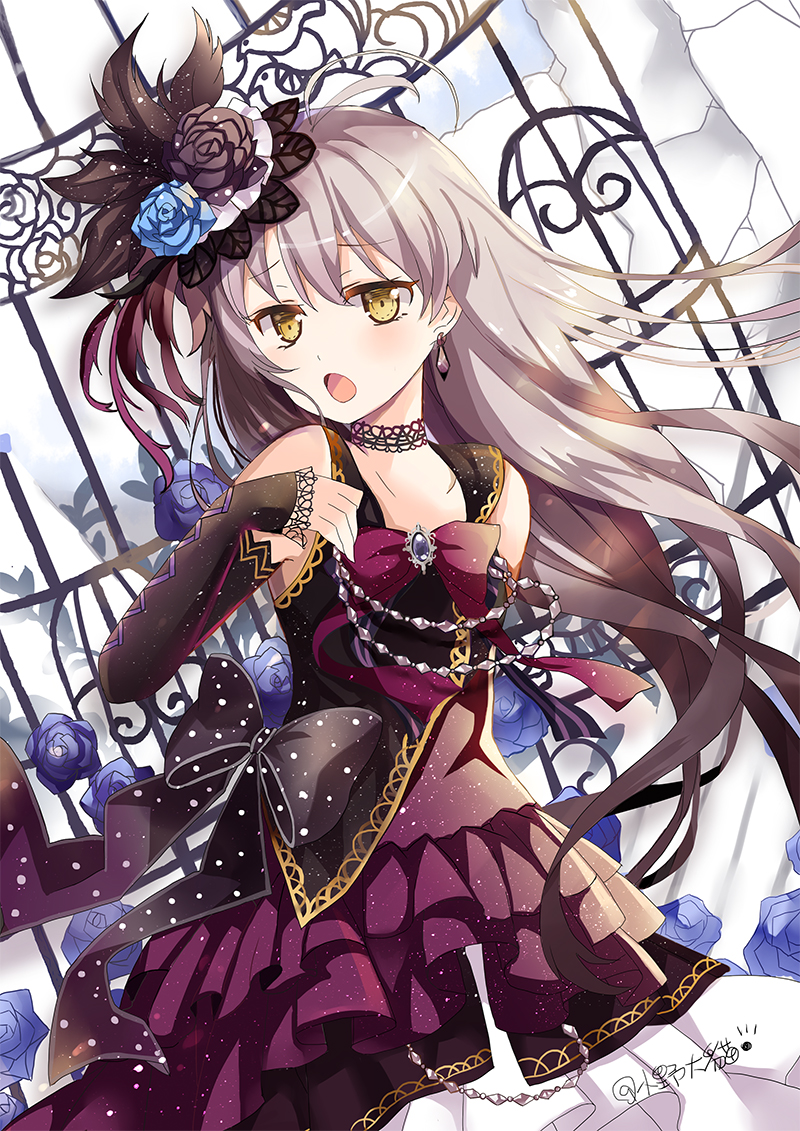 1girl :o bang_dream! bangs bare_shoulders black_bow black_flower black_rose blue_flower blue_rose blush bow brooch brown_eyes brown_hair collarbone commentary_request detached_sleeves dress earrings eyebrows_visible_through_hair flower hair_between_eyes hair_flower hair_ornament hand_up jewelry long_hair long_sleeves lunacats minato_yukina open_mouth petals pleated_dress purple_dress red_bow rose sleeves_past_wrists solo very_long_hair window