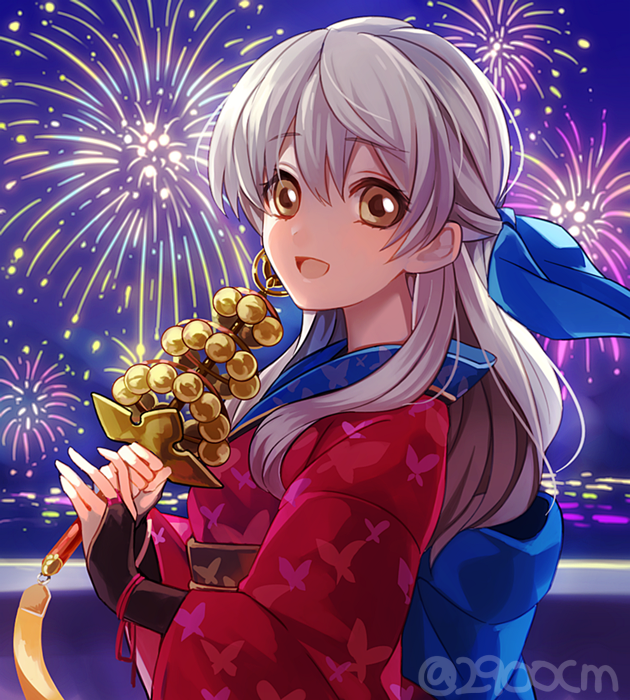 1girl 2900cm blush festival fire_emblem fire_emblem:_akatsuki_no_megami fire_emblem_heroes fireworks japanese_clothes kimono long_hair looking_at_viewer micaiah miko ribbon silver_hair simple_background smile solo staff yellow_eyes