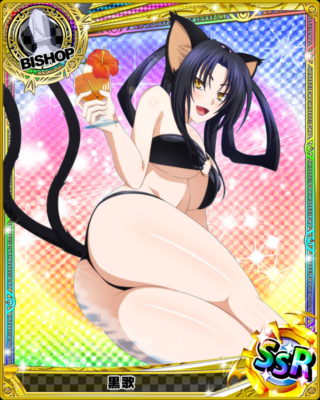 1girl animal_ears ass bikini bishop_(chess) black_bikini black_hair breasts card_(medium) cat_ears cat_tail character_name chess_piece cocktail fang flower hair_rings hairband high_school_dxd kuroka_(high_school_dxd) large_breasts lipstick long_hair lying makeup multiple_tails official_art on_side open_mouth purple_lipstick slit_pupils solo swimsuit tail trading_card yellow_eyes