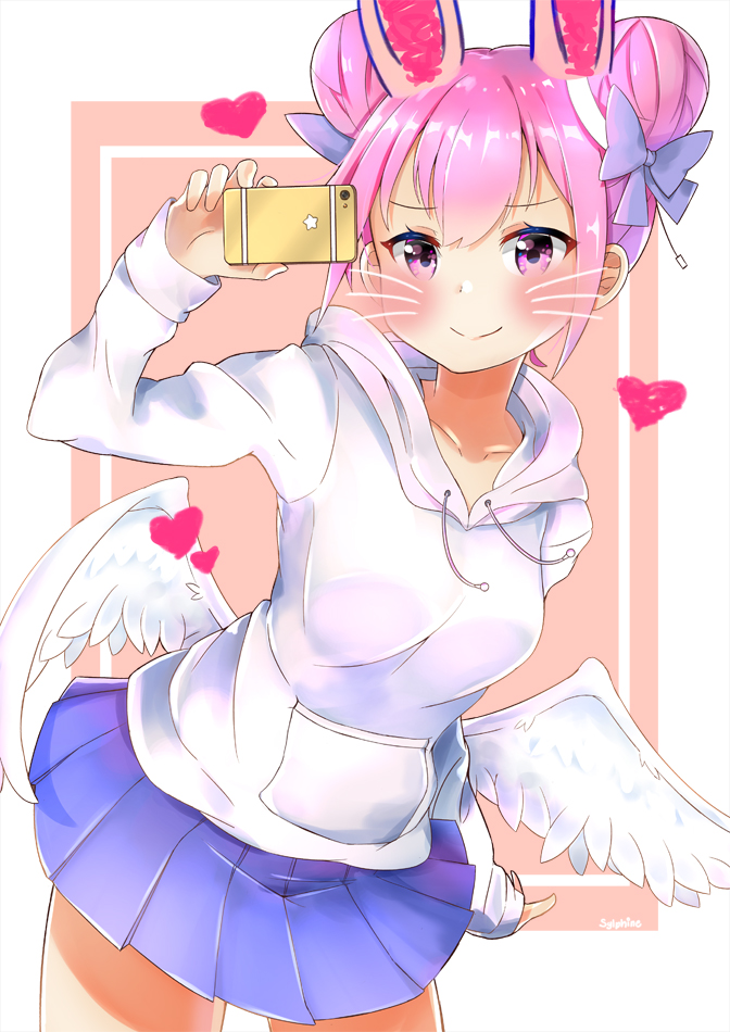 1girl angel_wings animal_ears arm_up artist_name bangs blue_skirt blush borrowed_character bow breasts cellphone closed_mouth dadadada_tenshi double_bun eyebrows_visible_through_hair feathered_wings hair_between_eyes hair_bow heart holding holding_cellphone holding_phone hood hood_down hoodie long_sleeves low_wings medium_breasts original phone pink_eyes pink_hair pleated_skirt purple_bow side_bun sidelocks skirt sleeves_past_wrists smile solo star sylphine whiskers white_hoodie white_wings wings