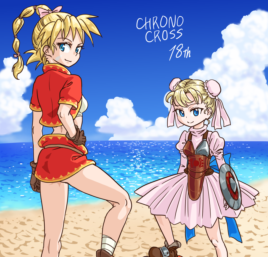 blonde_hair blue_eyes breasts chrono_cross commentary_request dress facial_mark gloves high_ponytail kid_(chrono_cross) long_hair marcy_(chrono_cross) midriff multi-tied_hair multiple_girls ponytail s-a-murai short_hair skirt smile vest