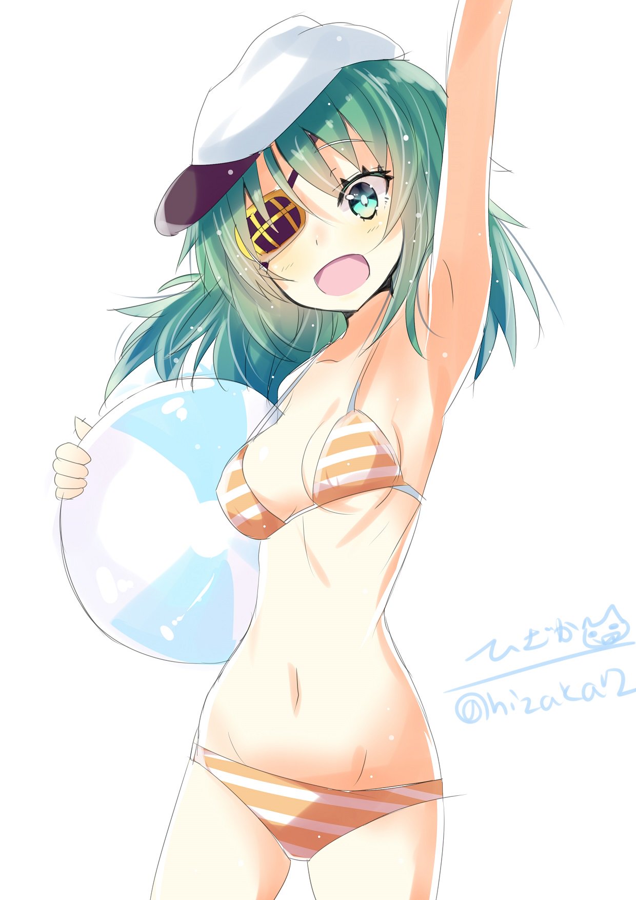 1girl ball beachball bikini blush breasts eyebrows_visible_through_hair eyepatch flat_cap green_eyes green_hair hair_between_eyes hand_up hat highres hizaka kantai_collection kiso_(kantai_collection) long_hair looking_at_viewer open_mouth sailor_hat simple_background small_breasts solo swimsuit twitter_username white_background