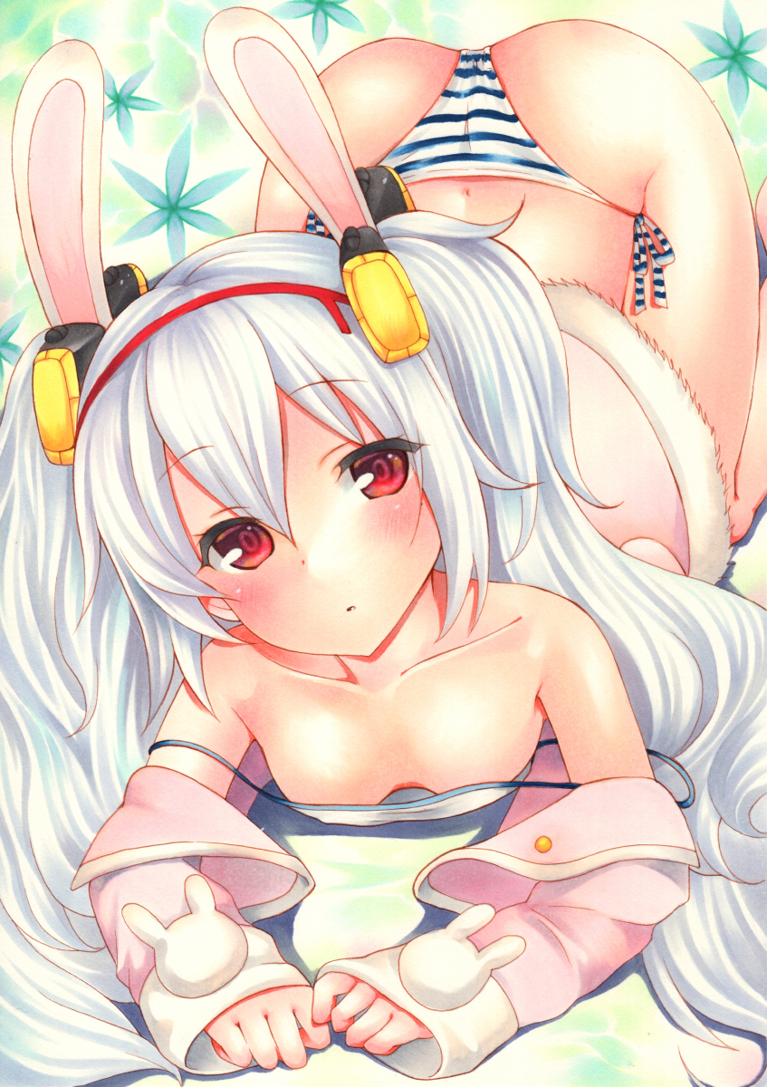 1girl all_fours animal_ears azur_lane bangs bare_shoulders blush breasts eyebrows_visible_through_hair eyes_visible_through_hair fake_animal_ears hair_between_eyes hairband head_tilt highres laffey_(azur_lane) long_hair long_sleeves looking_at_viewer marker_(medium) panties rabbit_ears red_eyes red_hairband side-tie_panties sleeves_past_wrists small_breasts solo strap_slip striped striped_panties traditional_media twintails underwear white_hair yoruoujito-tsukinohime
