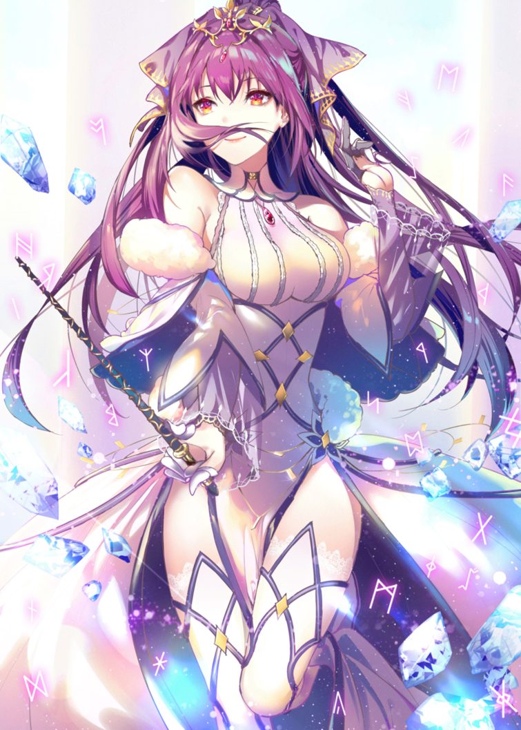 1girl bow closed_mouth cropped_legs dress fate/grand_order fate_(series) gem hair_bow holding holding_wand kinokohime long_hair looking_to_the_side purple_bow purple_hair red_eyes rune scathach_(fate)_(all) scathach_skadi_(fate/grand_order) smile solo standing standing_on_one_leg thigh-highs tiara wand white_dress white_legwear zettai_ryouiki