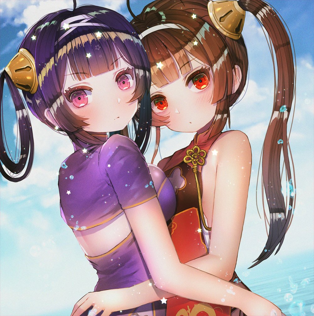 2girls ahoge azur_lane bangs bare_shoulders blue_sky blush breast_press breasts brown_hair china_dress chinese_clothes cleavage closed_mouth clouds confetti dress eyebrows_visible_through_hair hair_ornament hair_rings hairband hanato_(seonoaiko) hug jacket long_hair looking_at_viewer looking_back medium_breasts multiple_girls ning_hai_(azur_lane) ocean outdoors ping_hai_(azur_lane) purple_dress purple_hair red_dress red_eyes sky small_breasts sparkle star symmetrical_docking twintails very_long_hair violet_eyes water_drop