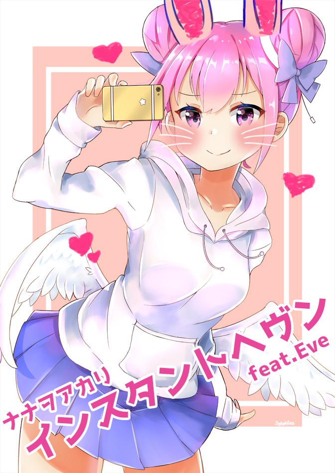 1girl angel_wings animal_ears arm_up artist_name bangs blue_skirt blush borrowed_character bow breasts cellphone closed_mouth dadadada_tenshi double_bun eyebrows_visible_through_hair feathered_wings hair_between_eyes hair_bow heart holding holding_cellphone holding_phone hood hood_down hoodie long_sleeves low_wings medium_breasts original phone pink_eyes pink_hair pleated_skirt purple_bow side_bun sidelocks skirt sleeves_past_wrists smile solo star sylphine translated whiskers white_hoodie white_wings wings