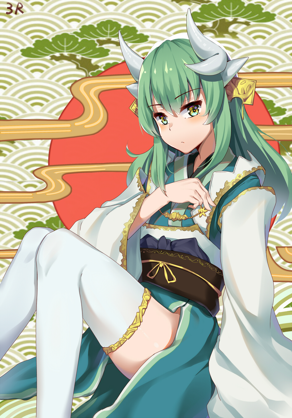 1girl dragon_horns eyebrows_visible_through_hair fate/grand_order fate_(series) green_hair hair_ornament hand_on_own_chest highres horns japanese_clothes kimono kiyohime_(fate/grand_order) long_hair looking_at_viewer obi ribbon sash sitting solo thigh-highs tree_rice very_long_hair white_legwear wide_sleeves yellow_eyes