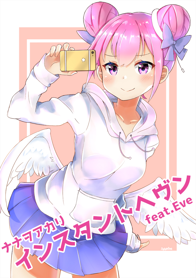 1girl angel_wings arm_up artist_name bangs blue_skirt blush borrowed_character bow breasts cellphone closed_mouth commentary_request dadadada_tenshi double_bun eyebrows_visible_through_hair feathered_wings hair_between_eyes hair_bow holding holding_cellphone holding_phone hood hood_down hoodie long_sleeves low_wings medium_breasts original phone pink_eyes pink_hair pleated_skirt purple_bow side_bun sidelocks skirt sleeves_past_wrists smile solo star sylphine translated white_hoodie white_wings wings