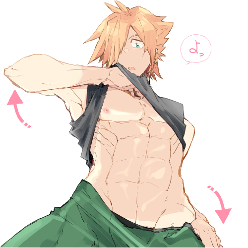 1boy abs adonis_belt black_shirt contrapposto directional_arrow fate/extra fate_(series) green_eyes green_pants hair_over_one_eye koukai_kunoki lowres male_focus nipples open_mouth pants pants_pull robin_hood_(fate) shirt shirt_lift simple_background spiky_hair tan tank_top tanline toned toned_male white_background