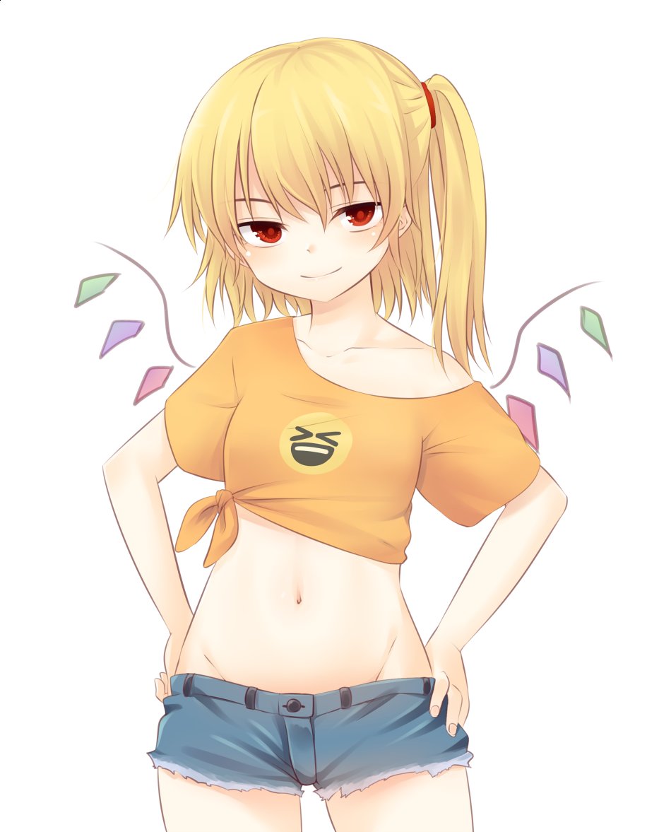 1girl alternate_costume bangs bare_shoulders blonde_hair blush breasts casual collarbone commentary contemporary cowboy_shot crop_top crystal cutoffs denim denim_shorts emoji flandre_scarlet groin hair_between_eyes hands_on_hips looking_at_viewer midriff miyo_(ranthath) navel no_hat no_headwear off-shoulder_shirt off_shoulder one_side_up orange_shirt red_eyes shirt short_hair short_shorts short_sleeves shorts simple_background small_breasts smile solo standing stomach t-shirt thighs tied_shirt touhou white_background wings