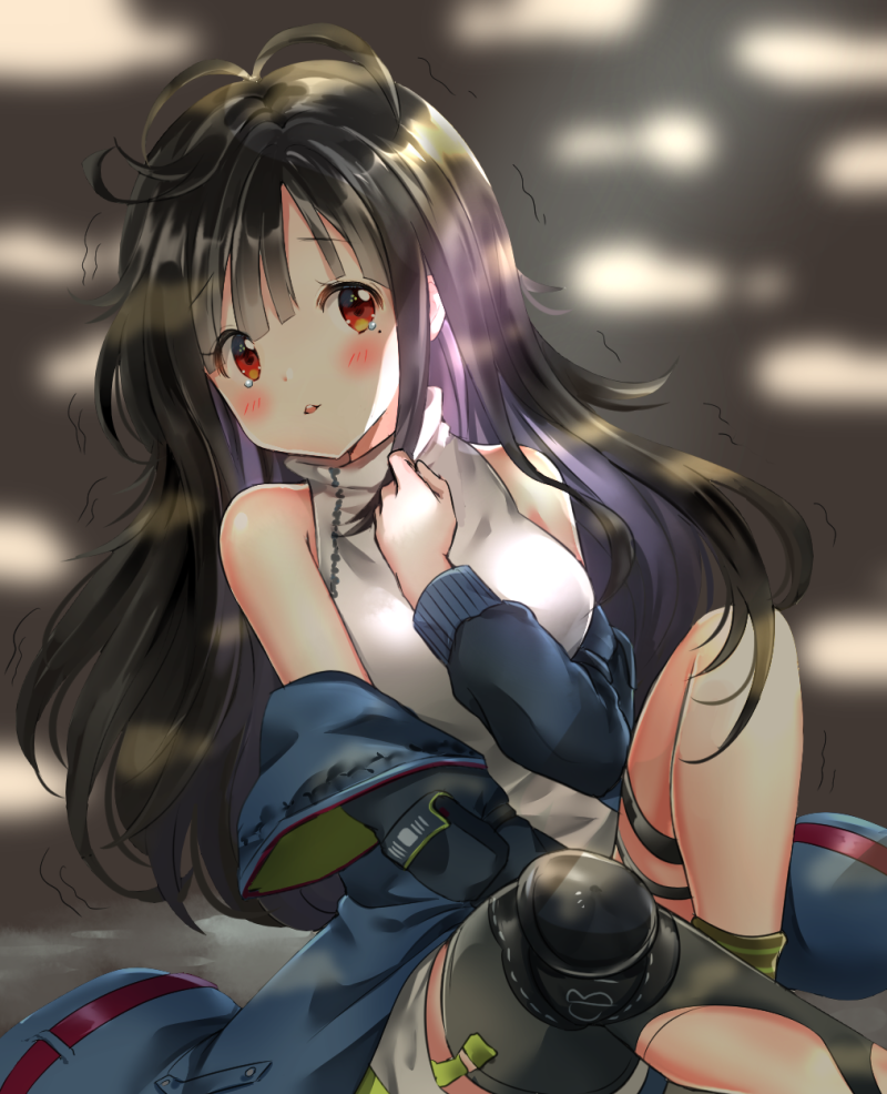 1girl antenna_hair bangs bare_shoulders blue_jacket blurry blurry_background blush breasts brown_hair c-ms_(girls_frontline) commentary depth_of_field dress eyebrows_visible_through_hair girls_frontline grey_legwear hand_up jacket long_hair long_sleeves looking_at_viewer medium_breasts melynx_(user_aot2846) mole mole_under_eye off_shoulder open_clothes open_jacket parted_lips red_eyes round_teeth single_thighhigh sleeveless sleeveless_dress solo tears teeth thigh-highs trembling upper_teeth very_long_hair white_dress