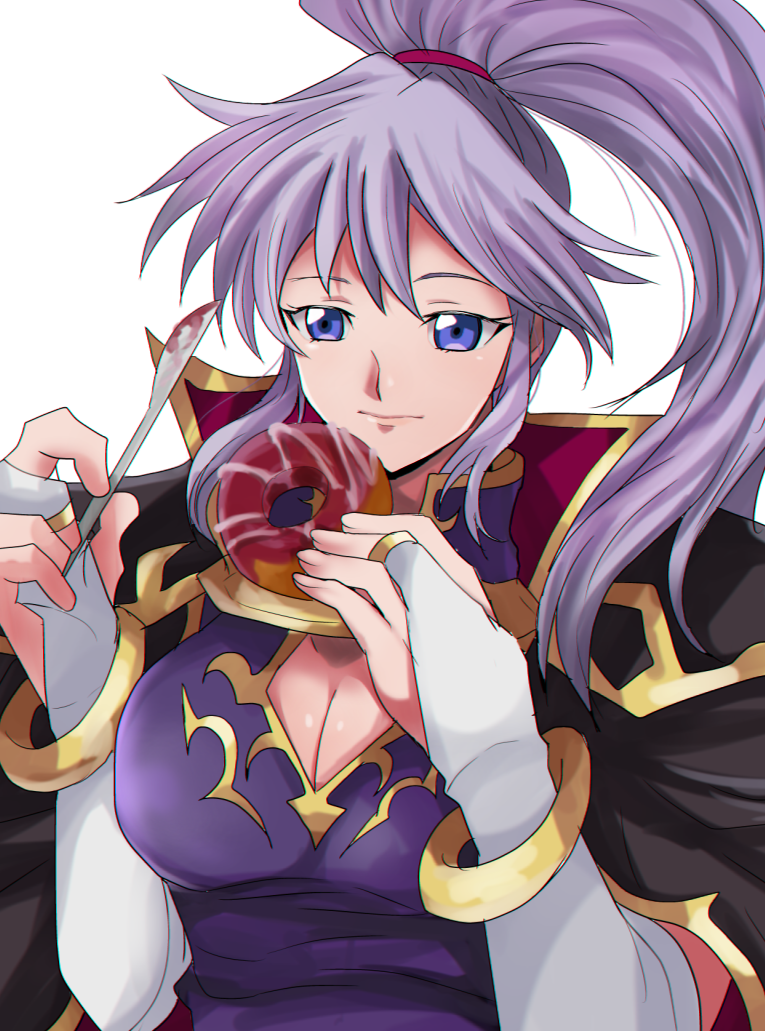 1girl blue_eyes bracelet breasts cape cleavage commentary_request doughnut elbow_gloves fire_emblem fire_emblem:_seisen_no_keifu fire_emblem:_thracia_776 fire_emblem_heroes food gloves gold_trim holding holding_food holding_knife ishtar_(fire_emblem) jewelry knife large_breasts long_hair purple_hair rem_sora410 simple_background solo utensil white_background