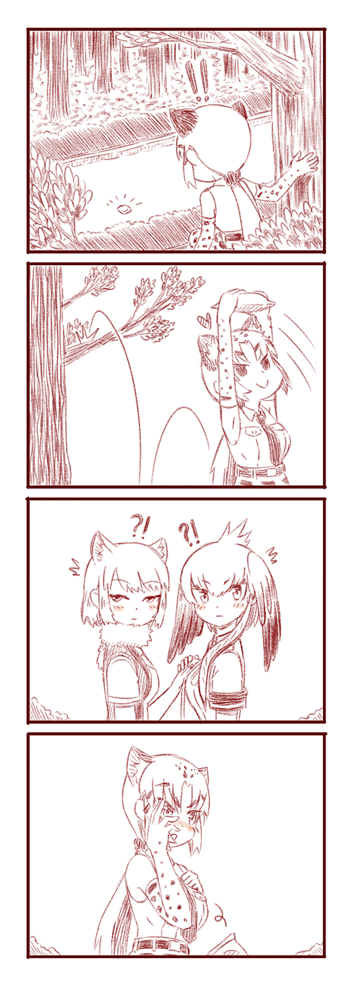 !! !? /\/\/\ 3girls 4koma :&gt; animal_ears animal_print armpits arms_up bangs bird_wings blush breast_grab breast_pocket closed_mouth clouded_leopard_(kemono_friends) collared_shirt comic covering_face elbow_gloves embarrassed extra_ears eyebrows_visible_through_hair fox_ears gloves grabbing guided_breast_grab hair_between_eyes hand_on_another's_chest hand_on_another's_hand hand_on_own_chest hand_up hands_up head_wings heart highres holding jumping kemono_friends leopard_ears leopard_print long_hair low_ponytail motion_lines multiple_girls necktie nose_blush nuli_zhenxin open_mouth outdoors outstretched_arms parted_bangs peeking_through_fingers pocket ponytail shirt shoebill_(kemono_friends) short_hair short_sleeves side_ponytail sidelocks silent_comic sleeveless sleeveless_shirt standing surprised tibetan_sand_fox_(kemono_friends) tree tsurime very_long_hair vest wings yuri