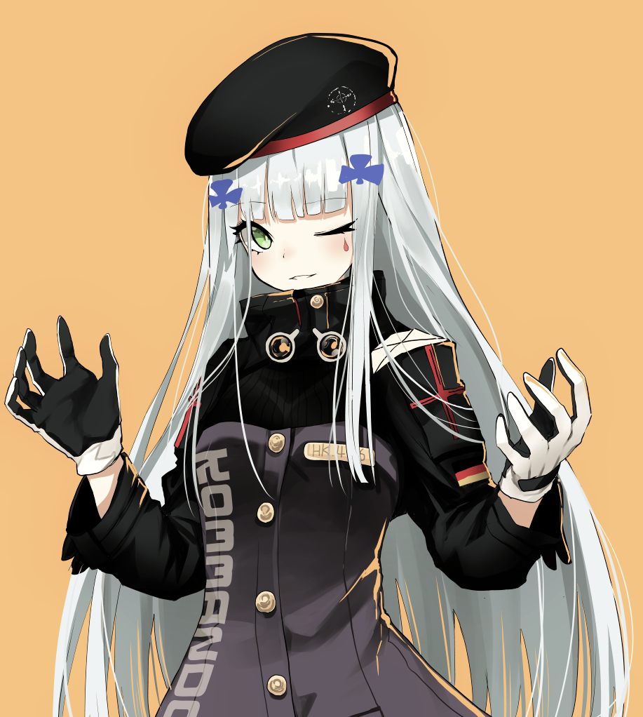 1girl bangs beret blunt_bangs blush breasts buttons character_name clothes_writing eyebrows_visible_through_hair facial_mark german_flag girls_frontline gloves green_eyes hair_ornament hands_up hat hk416_(girls_frontline) jacket long_hair long_sleeves looking_at_viewer medium_breasts name_tag naruwe one_eye_closed orange_background parted_lips sidelocks silver_hair simple_background smile solo teardrop very_long_hair