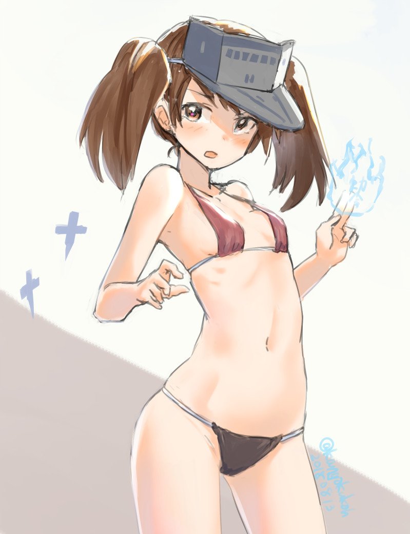 1girl bikini blush breasts brown_hair fire flame hair_between_eyes kangoku_kou kantai_collection long_hair looking_at_viewer open_mouth red_eyes ryuujou_(kantai_collection) small_breasts solo swimsuit twintails twitter_username