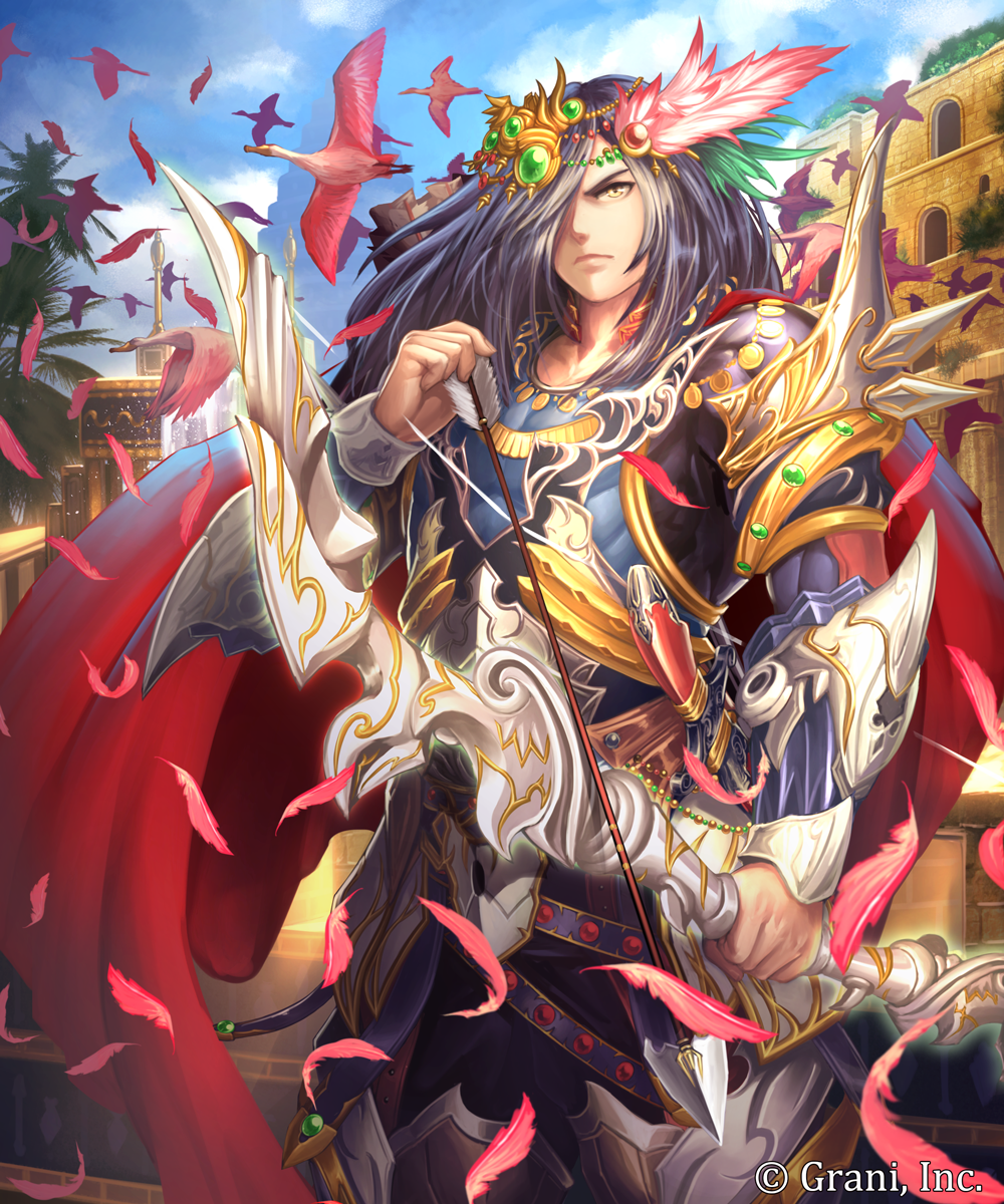 1boy armor arrow bird blue_sky bow_(weapon) brown_eyes building cape day fantasy feathers frown hair_feathers hair_ornament hair_over_one_eye highres holding_bow kazto_furuya knife long_hair looking_at_viewer male_focus official_art outdoors pink_feathers quiver red_cape sheath sheathed shingoku_no_valhalla_gate shoulder_spikes sky solo spikes standing tree watermark weapon