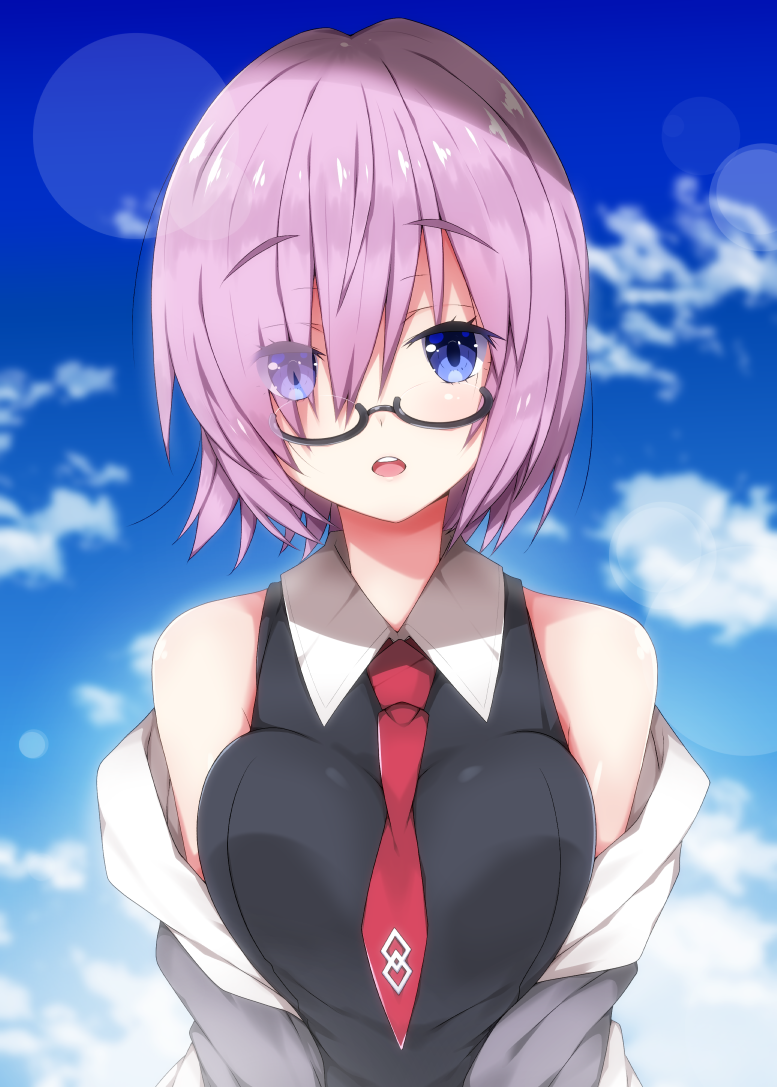 1girl bangs bare_shoulders between_breasts black-framed_eyewear black_dress blue_sky blurry blurry_background blush breasts clouds collared_dress commentary_request cute day depth_of_field dress eyebrows_visible_through_hair eyes_visible_through_hair fate/grand_order fate_(series) glasses grey_jacket hair_over_one_eye hood hood_down hooded_jacket jacket large_breasts mash_kyrielight milkpanda necktie necktie_between_breasts off_shoulder outdoors parted_lips pink_hair red_neckwear round_teeth semi-rimless_eyewear shielder_(fate/grand_order) short_hair sky solo teeth under-rim_eyewear upper_teeth violet_eyes