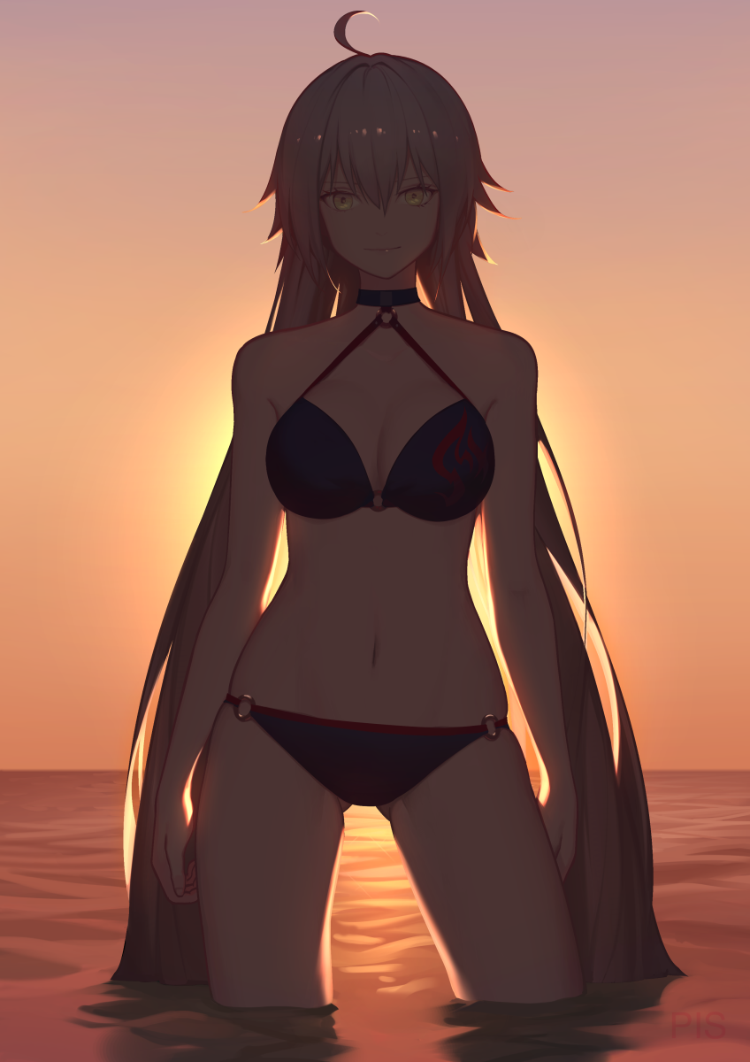 1girl ahoge bikini black_bikini black_choker breasts choker cleavage contrapposto fate/grand_order fate_(series) highres jeanne_d'arc_(alter)_(fate) jeanne_d'arc_(alter_swimsuit_berserker) jeanne_d'arc_(fate)_(all) long_hair looking_at_viewer partially_submerged pisu silver_hair solo sunset swimsuit water yellow_eyes