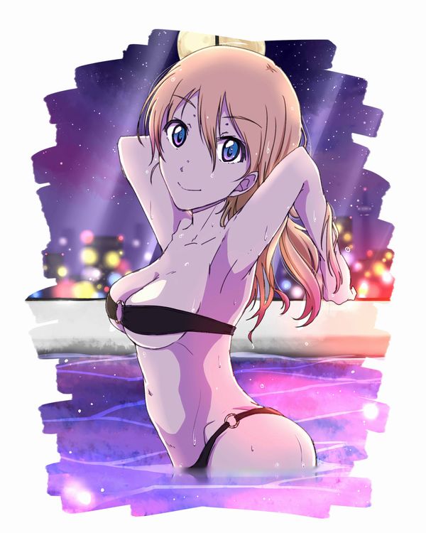 1girl alternate_hairstyle armpits arms_behind_head bangs bikini black_bikini blonde_hair blue_eyes blurry blurry_background cityscape closed_mouth commentary darjeeling depth_of_field eyebrows_visible_through_hair from_side full_moon girls_und_panzer hair_down long_hair looking_at_viewer moon nana_(manaita_koumuten) navel night night_sky o-ring o-ring_bikini pool sky smile solo standing star_(sky) starry_sky strapless strapless_bikini swimsuit wading wet wet_hair