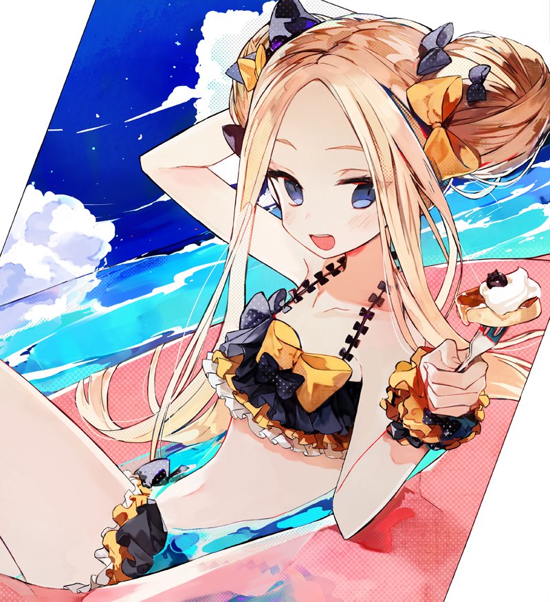 1girl abigail_williams_(fate/grand_order) bikini blonde_hair blue_eyes blush bow bow_bikini clouds collarbone double_bun fate/grand_order fate_(series) food fork frilled_bikini frills hair_bow halterneck hand_behind_head innertube mo_(mocopo) navel open_mouth orange_bow pancake partially_submerged polka_dot polka_dot_bow scrunchie sidelocks solo swimsuit water wrist_scrunchie