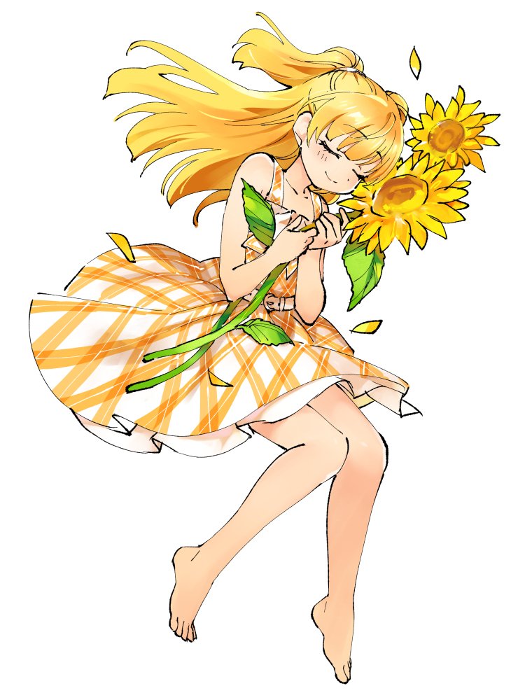 1girl bangs bare_arms bare_legs bare_shoulders barefoot belt blonde_hair blunt_bangs closed_eyes commentary dress english_commentary flower full_body half_updo holding holding_flower idolmaster idolmaster_cinderella_girls jougasaki_rika long_hair miridereningen petals plaid plaid_dress simple_background sleeveless sleeveless_dress smile solo sunflower twintails white_background white_belt yellow yellow_dress