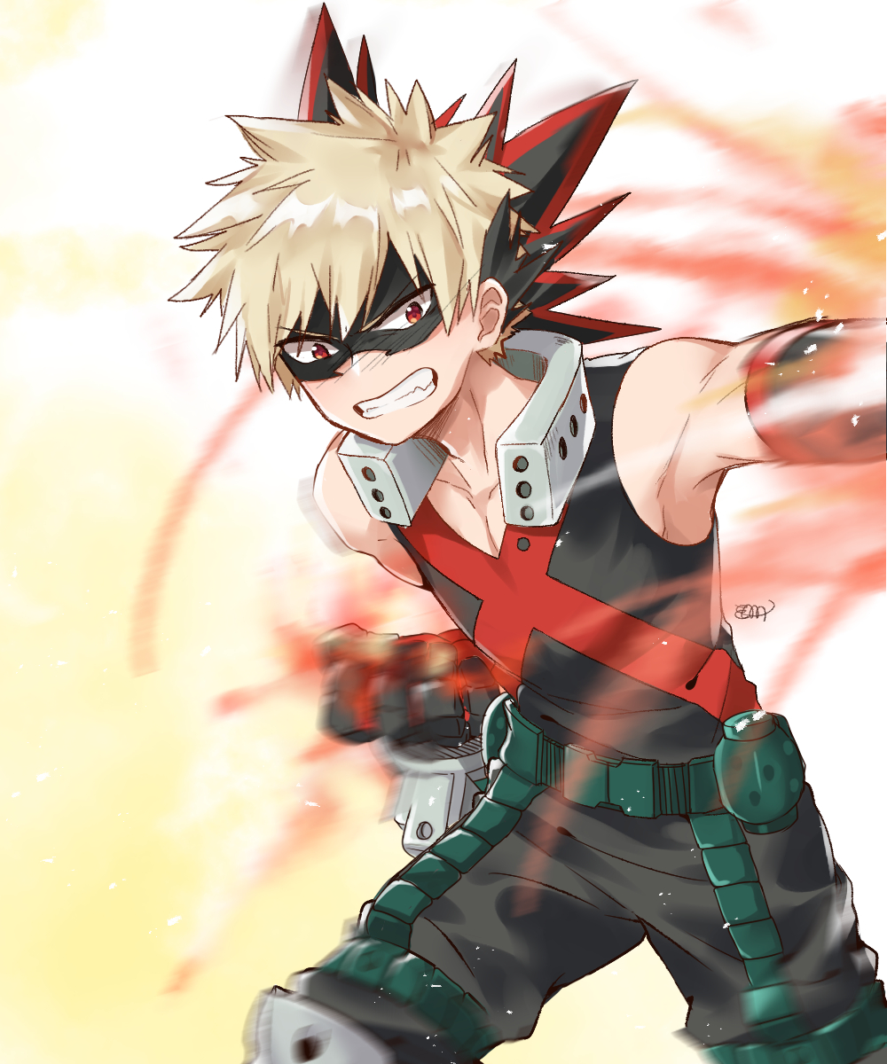 1boy bakugou_katsuki big_cat_shan blonde_hair boku_no_hero_academia clenched_hand clenched_teeth explosive grenade highres male_focus mask punching red_eyes spiky_hair standing teeth