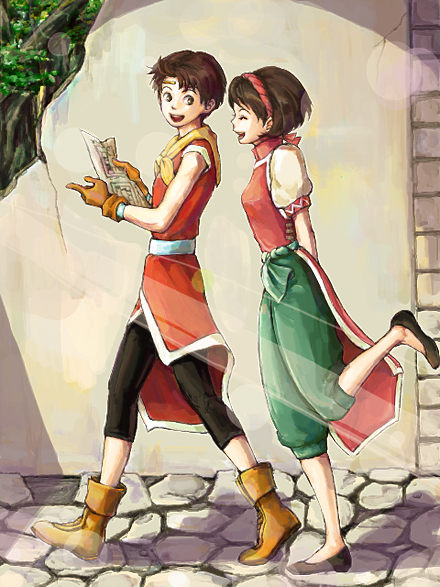 1boy 1girl arms_behind_back belt breasts brother_and_sister brown_eyes brown_hair chaiko commentary_request gensou_suikoden gensou_suikoden_ii gloves hairband nanami_(suikoden) riou short_hair siblings