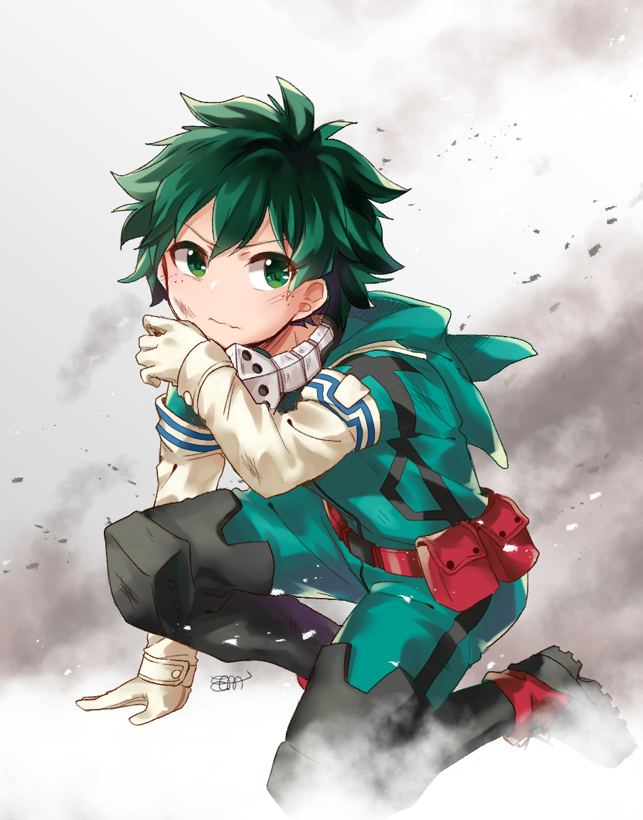 1boy belt belt_pouch big_cat_shan black_legwear boku_no_hero_academia freckles gloves green_eyes green_hair hood hood_down kneeling long_hair looking_at_viewer male_focus midoriya_izuku pouch simple_background white_gloves