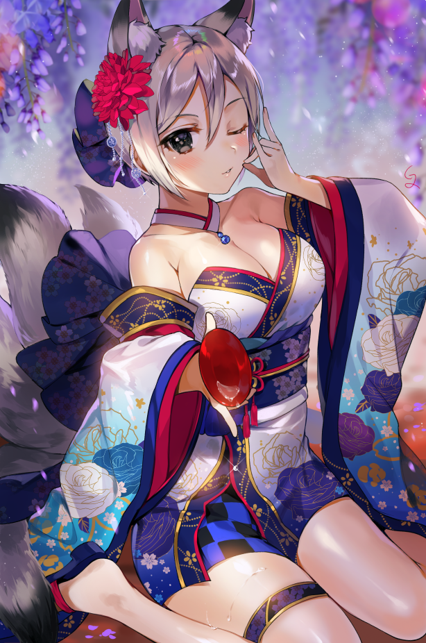 1girl animal_ears bangs blue_skirt blush breasts collarbone cup detached_collar detached_sleeves floral_print flower fox_ears fox_shadow_puppet fox_tail gijang grey_eyes hair_between_eyes hair_flower hair_ornament idolmaster idolmaster_cinderella_girls idolmaster_cinderella_girls_starlight_stage japanese_clothes jewelry kimono looking_at_viewer medium_breasts multiple_tails obi one_eye_closed parted_bangs parted_lips pendant sakazuki sandals sash shiomi_shuuko short_hair silver_hair sitting skirt smile solo tail thigh_strap thighs wariza white_kimono wide_sleeves