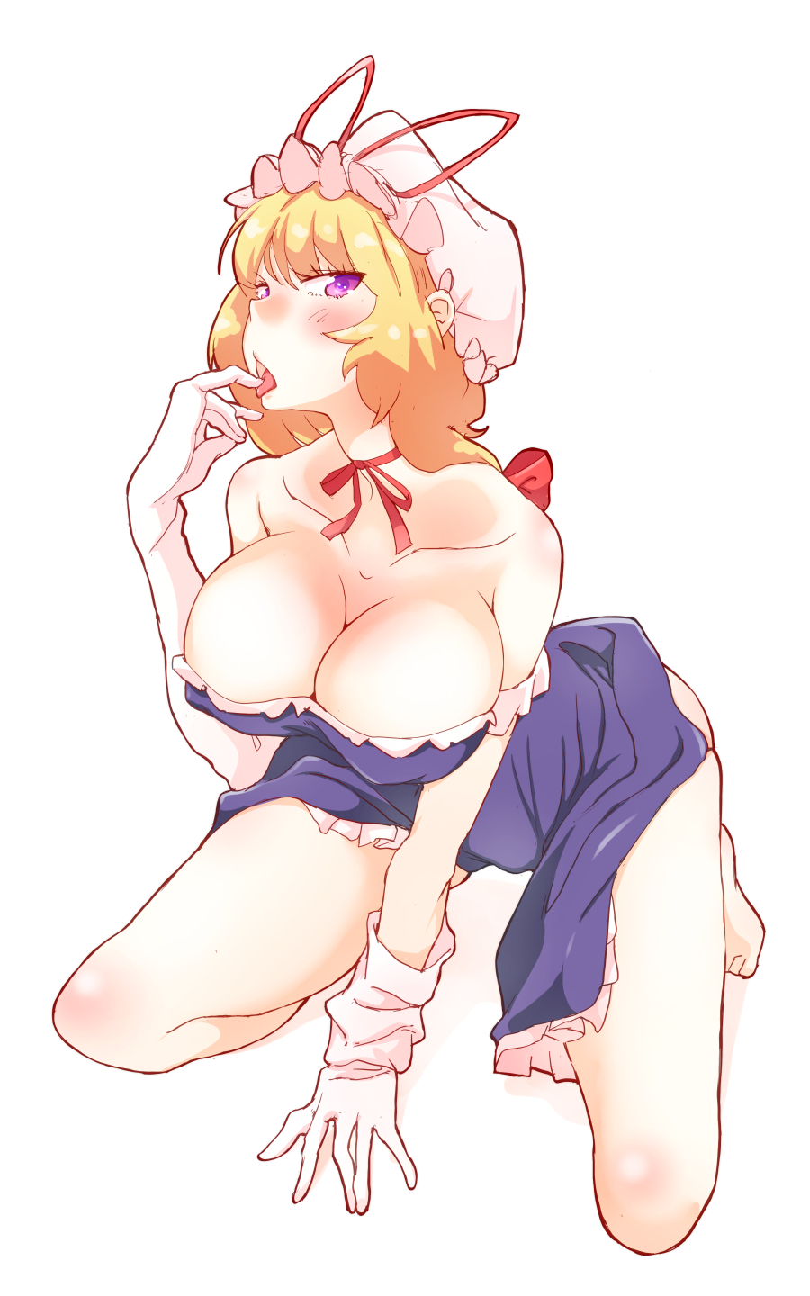 1girl bare_shoulders barefoot blonde_hair breasts choker cleavage collarbone dress elbow_gloves gloves hat highres kneeling large_breasts looking_at_viewer non_(z-art) open_mouth purple_dress red_choker red_ribbon ribbon ribbon_choker simple_background solo tongue tongue_out touhou violet_eyes white_background white_gloves white_hat yakumo_yukari