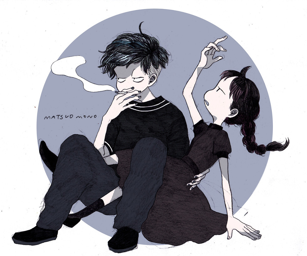 1boy 1girl ankle_socks baggy_pants bangs black_hair braided_ponytail cigarette circle dress holding holding_cigarette holding_person limited_palette long_hair looking_at_hand looking_to_the_side matsuo_mono nail_polish no_nose open_mouth original pants shirt shoes short_hair signature simple_background sketch smoke smoking