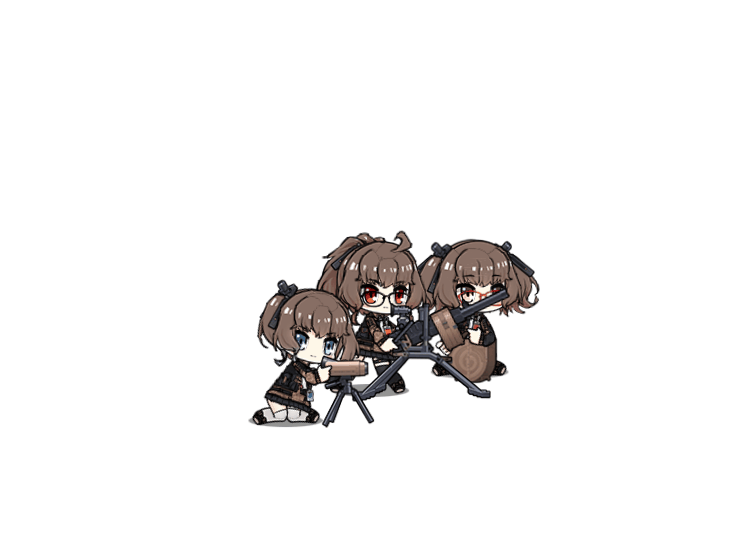 &gt;_&lt; 3girls ags-30 ags-30_(girls_frontline) animated animated_gif binoculars blue_eyes brown_eyes brown_hair chibi drum_magazine fleeing girls_frontline glasses hair_ornament multiple_girls open_mouth ponytail red_eyes side_ponytail simple_background tripod twintails white_background