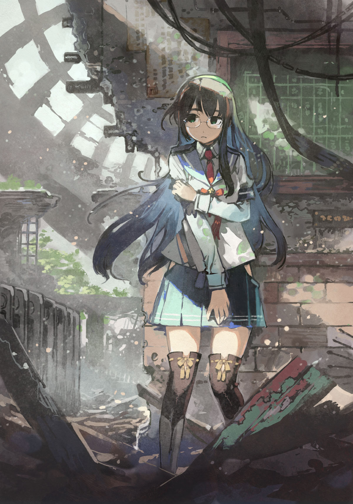 1girl black_hair blue_sailor_collar blue_skirt boots chalkboard collared_shirt expressionless flower glasses green_eyes hairband highres hip_vent kantai_collection konno_takashi lace lace-trimmed_thighhighs long_hair necktie ooyodo_(kantai_collection) puffy_sleeves red_neckwear ruins sailor_collar school_uniform serafuku shirt skirt thigh-highs thigh_boots