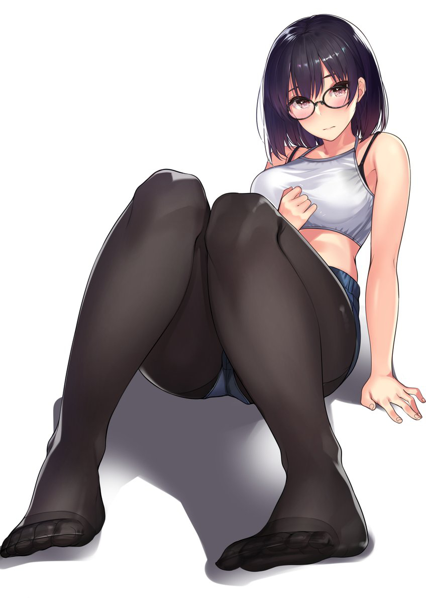 1girl arm_support bare_shoulders black-framed_eyewear black_bra black_hair black_legwear bra breasts brown_eyes closed_mouth crop_top denim denim_shorts full_body glasses halter_top halterneck highres kagematsuri leaning_back looking_at_viewer medium_breasts medium_hair no_shoes original pantyhose shadow short_shorts shorts simple_background sitting solo underwear white_background