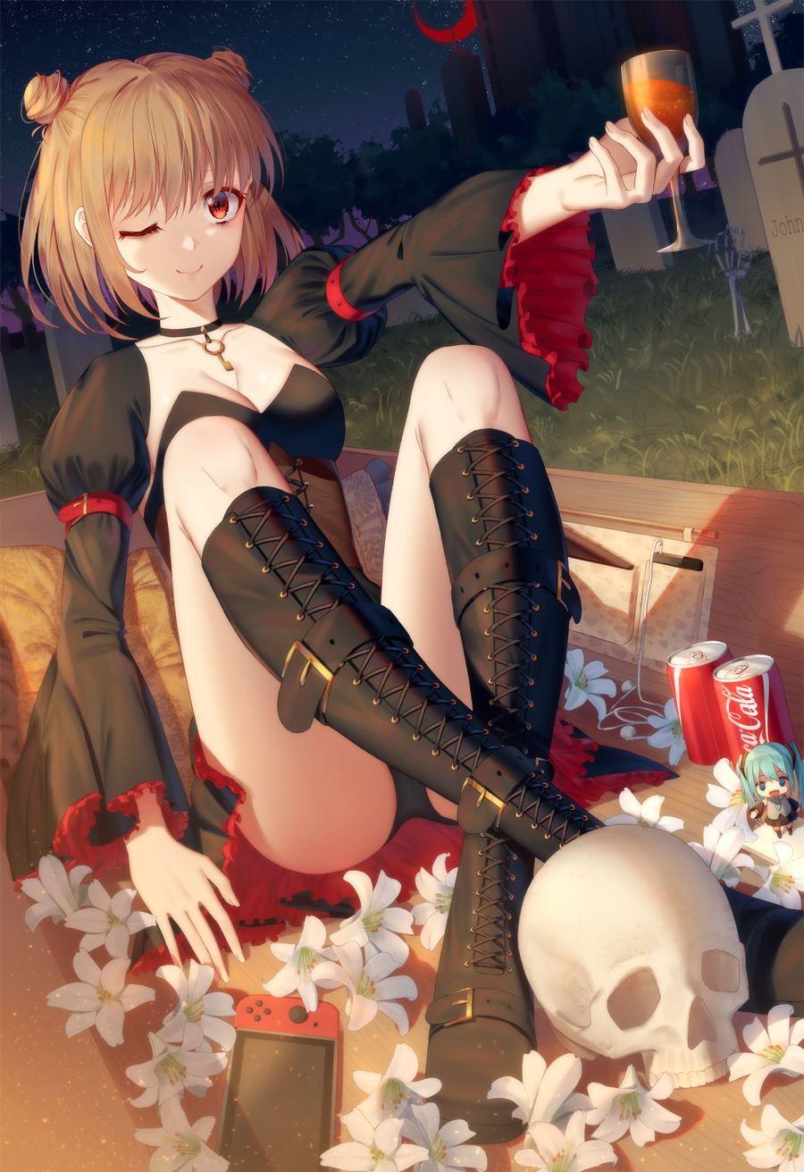 1girl ;) bangs black_choker black_dress black_legwear black_panties boots breasts can choker cleavage closed_mouth coffin coke collarbone commentary_request corset crescent_moon cross-laced_footwear cup cupping_glass detached_sleeves double_bun dress drink drinking_glass dutch_angle fingernails flower hair_between_eyes handheld_game_console hatsune_miku highres ji_dao_ji juliet_sleeves key knee_boots lace-up_boots legs_crossed light_brown_hair long_sleeves medium_breasts moon night night_sky one_eye_closed original outdoors outstretched_arm panties puffy_sleeves red_eyes red_moon side_bun sitting skeletal_arm skull sky smile solo star_(sky) starry_sky tombstone underwear vocaloid white_flower wide_sleeves